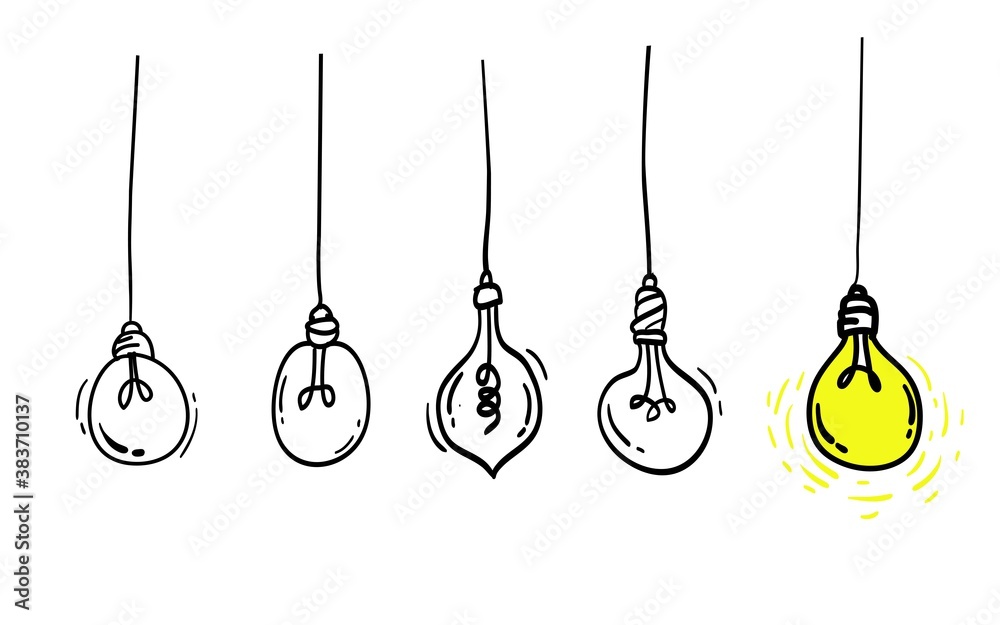 Vector set of hand drawn light bulb set. idea concept with lightbulbs doodle illustration Vector set of hand drawn light bulb set. idea concept with lightbulbs doodle illustration