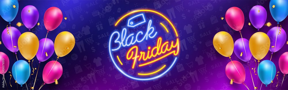 Black Friday Banner. With colorful typography and balloon, confetti. Vector Design.	