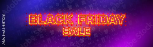 Black Friday Banner. With neon typography text on colorful background. Vector illustration.