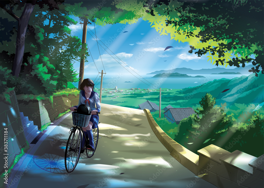 Fototapeta premium vector illustration in an anime style of a Japanese girl student rides a bicycle on a road in the countryside