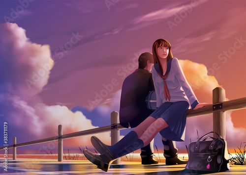 vector illustration in an anime style of young Japanese students relax together at the harbor in the evening