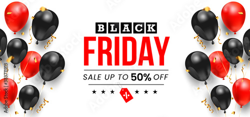 Black Friday typography sale banner with red and black balloon isolated on white background. Vector design.