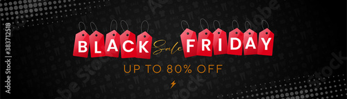 Black Friday sale concept using red color price tag, up to 80% off (can be replaced with any value) flash sale on black background with shopping sale pattern & halftone.

