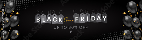 luxurious Black Friday sale concept with black 3d balloons and confetti, up to 80% off (can be replaced with any value) flash sale on halftone black background.
