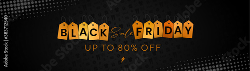 Black Friday golden price tag typography banner design on black abstract background. Vector Illustration.	