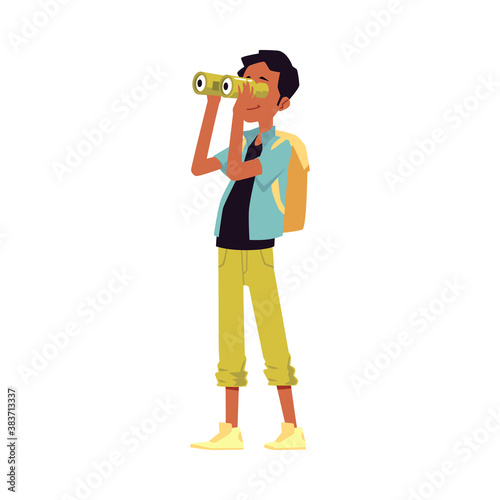 Tourist man with backpack and binocular, flat vector illustration isolated.