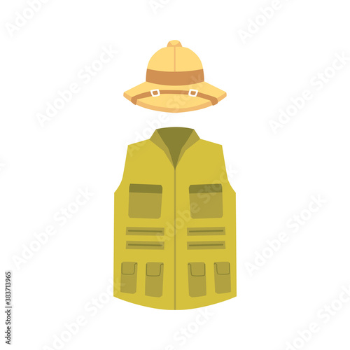 Cartoon safari clothing - topee hat and green vest isolated on white background photo