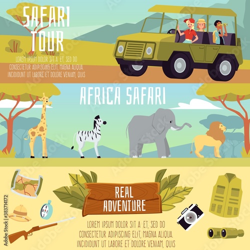 Africa safari tour banner set - cartoon people on African expedition