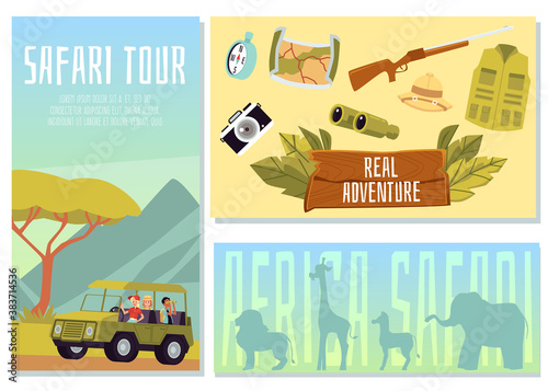 Safari tour of african wildlife a set of vector flat cartoon illustrations