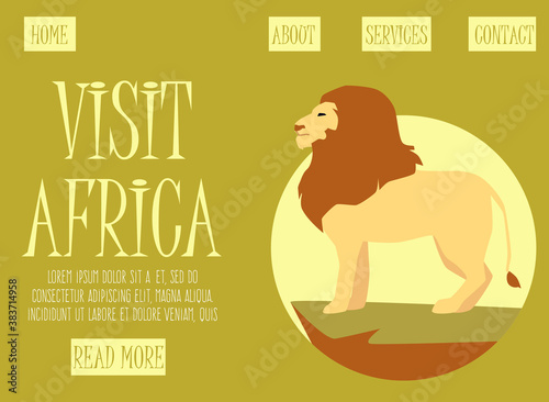 Website template for African tour adventure with lion, flat vector illustration.