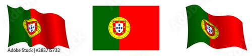 Portugal flag in static position and in motion, developing in wind in exact colors and sizes, on white background