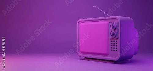 3D rendering illustration concept of all purple color retro style television on purple background, retro TV