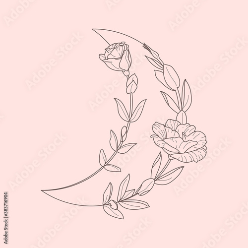 Floral Moon of Lisianthus Flowers in a trendy minimal linear style. Vector Crescent outline icon for Tattoo design, logo, wedding invitation, greeting card, t-shirt print