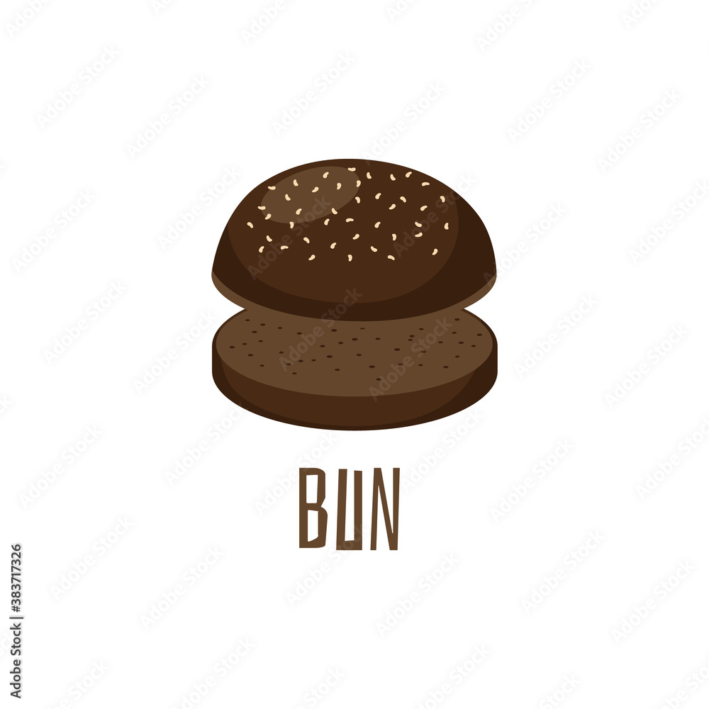 Empty burger or sandwich round black bun flat vector illustration isolated.