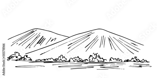 Hand-drawn simple vector landscape in black outline. Trees, bushes, mountains on the horizon, hills. Wildlife, tourism, travel, nature. Ink sketch.