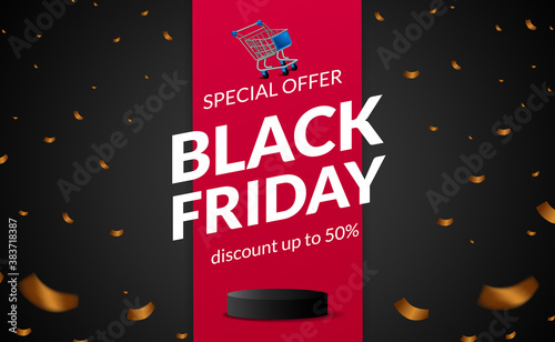 elegant black friday sale offer banner with podium pedestal with trolley cart and podium