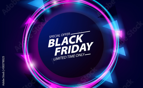 Black friday sale offer banner with round circle with neon color and bright glowing effect