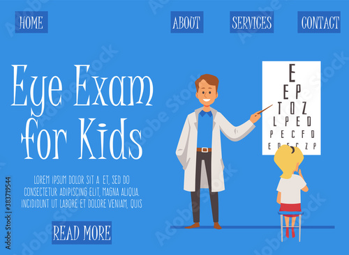 Vector flat illustration of a kid girl who is being examined by an ophthalmologist