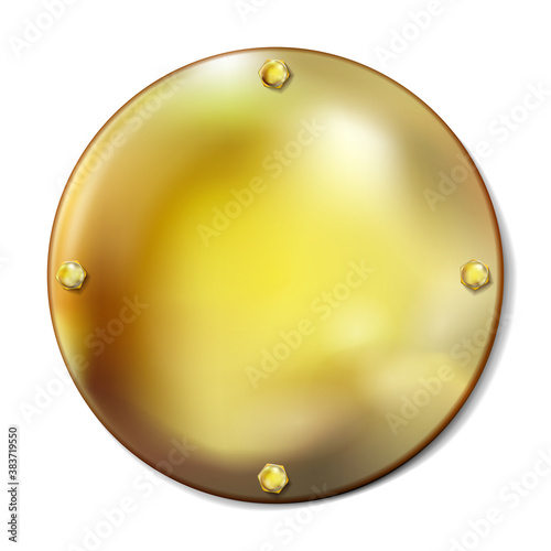 Realistic round golden plate with gold screws isolated on white background. Style for graphic and web design, label, template. Cover, stopper. Vector illustration