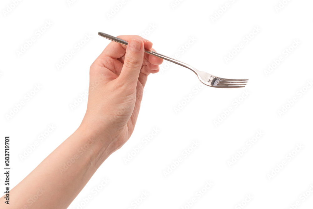 Fork in woman hand isolated on white. Fork in woman hand isolated on white.