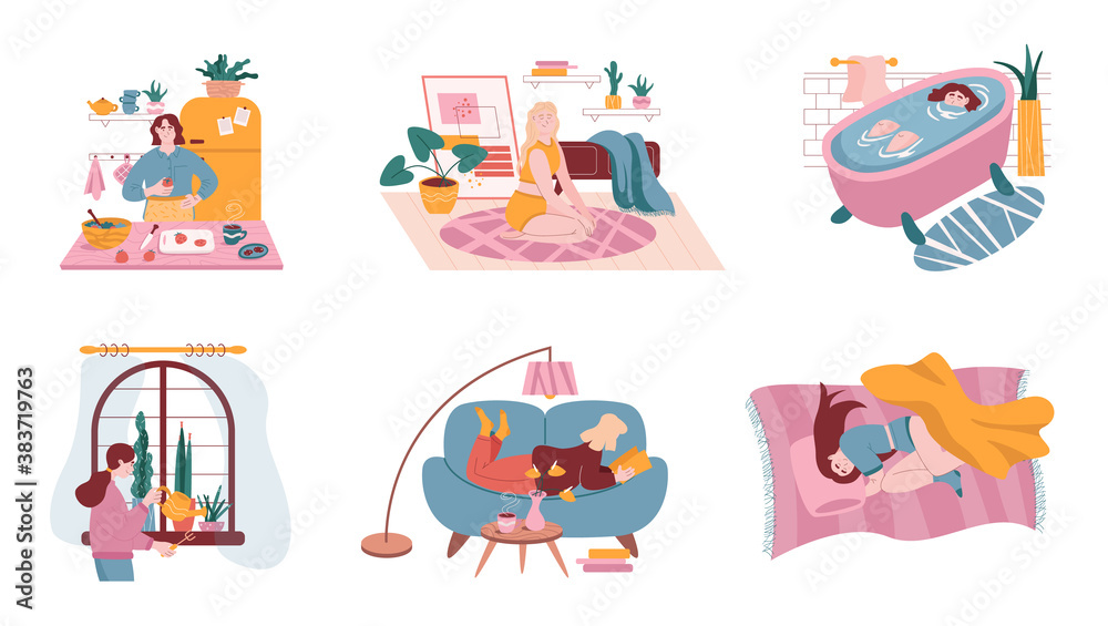 Vector set of daily life routine situations. Woman life at home, isolated characters illustration. Cooking at kitchen, yoga and meditation, taking bath, home plants, reading book on sofa, sleeping