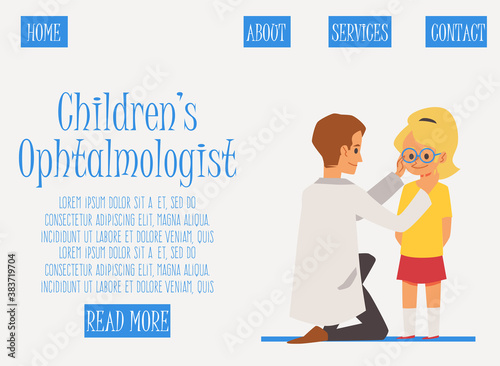 Children ophthalmologist web banner with little girl flat vector illustration.
