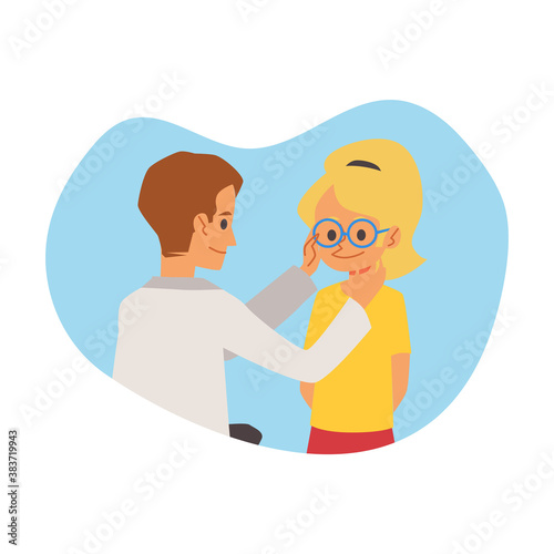 Kid visiting pediatrician eye doctor, flat cartoon vector illustration isolated