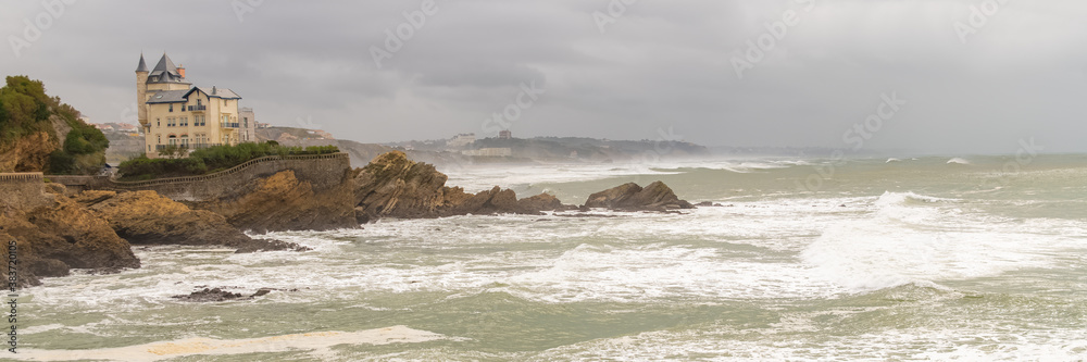 Biarritz in France, panorama of the coast, with the villa Belza
