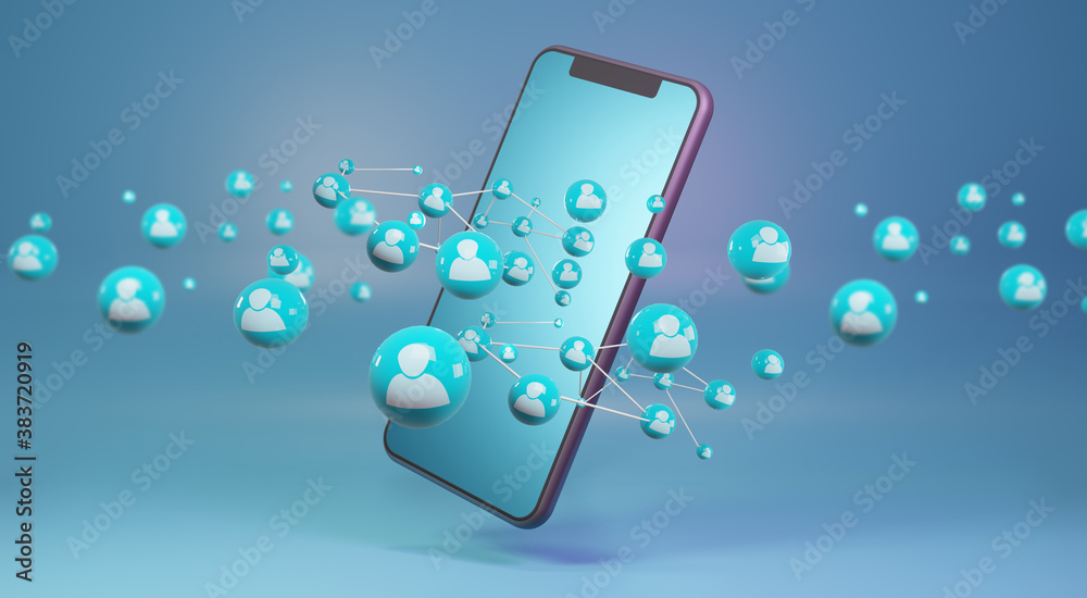 Smartphone with human Icons. social network concept, 3d rendering Smartphone with human Icons. social network concept, 3d rendering