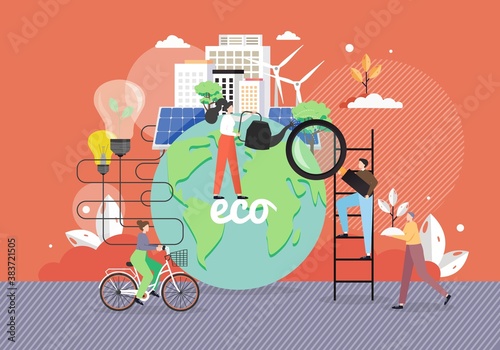 Green eco city, alternative energy sources, people taking care of planet Earth, riding bike, flat vector illustration.