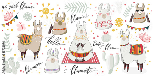 Cute lama and cactus summer illustration set. Alpaca hand drawn cartoon characters with lettering quotes. Vector elements for card and sticker design