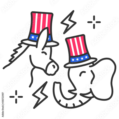 Democratic Donkey & Republican Elephant Rivalry with Thunder Bolt Concept, Political Animals wearing Magician Hat Vector Icon Design, Presidential election in United States Symbol on White background 