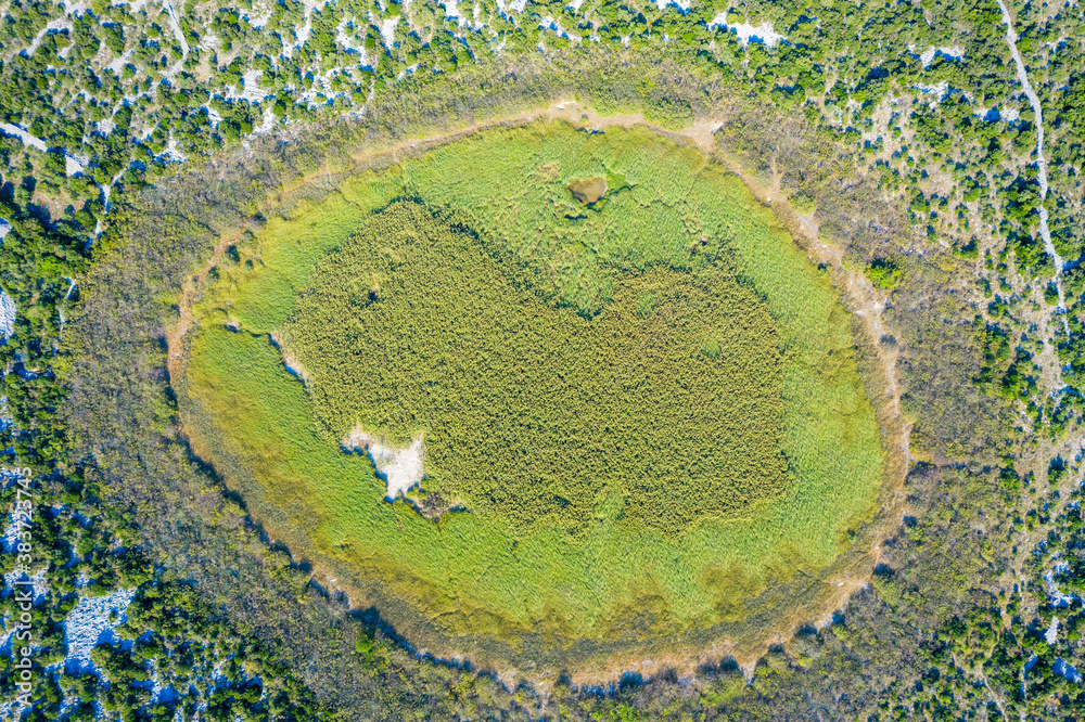 A circular pond called Benca covered by the reeds in the rugged landscape of Vrana Lake in Croatia A circular pond called Benca covered by the reeds in the rugged landscape of Vrana Lake in Croatia