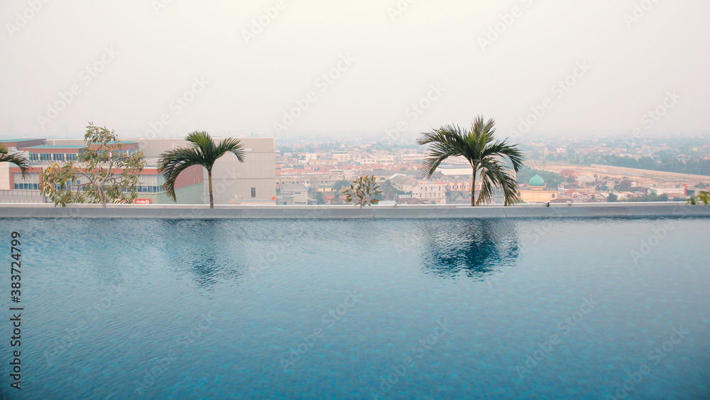 Infinity pool with palm trees and city view 