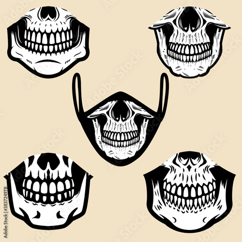 Set of illustrations of human jaw bone. For printing on face guard medical masks. Vector illustration