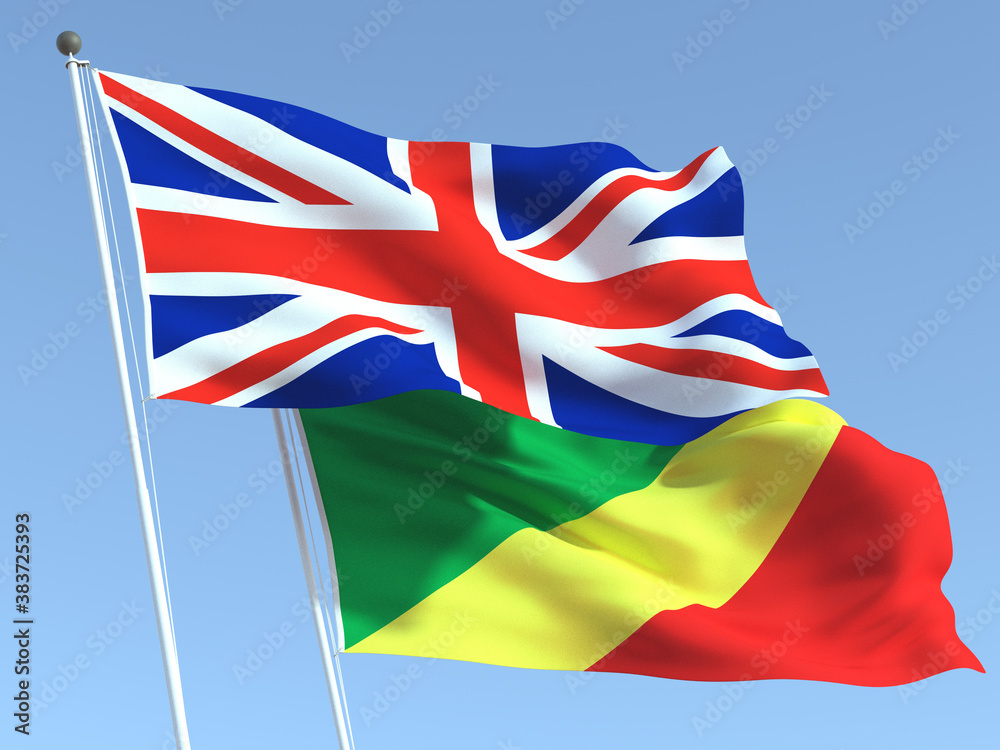 The flags of United Kingdom and Congo on the blue sky. For news, reportage, business. 3d illustration The flags of United Kingdom and Congo on the blue sky. For news, reportage, business. 3d illustration