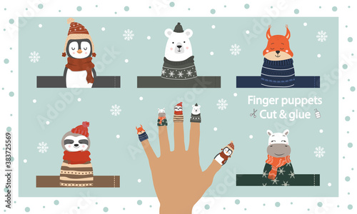 Finger puppet theater. Cut out template, glue and play. Zoo puppets for preschool or school. Game and education worksheet. Winter animals doll collection. Vector illustration in scandinavian style.