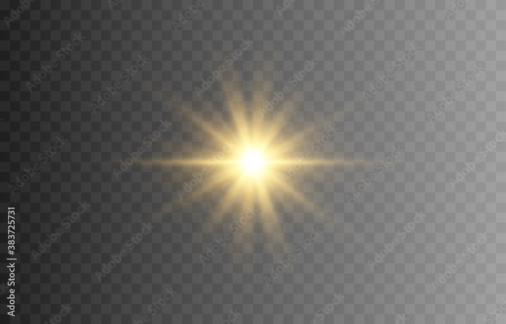 Golden light. Golden flash, explosion. Abstraction. Rays of light, rays of the sun. Vector illustration. PNG. Light png.