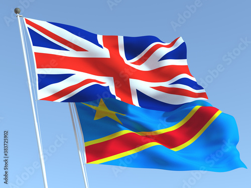 The flags of United Kingdom and DR Congo on the blue sky. For news, reportage, business. 3d illustration photo