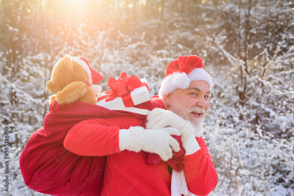 Obraz premium Portrait of Santa Claus coming to the winter forest with a bag of gifts, snow landscape.