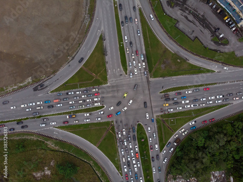 Aerial view of busy road intersection