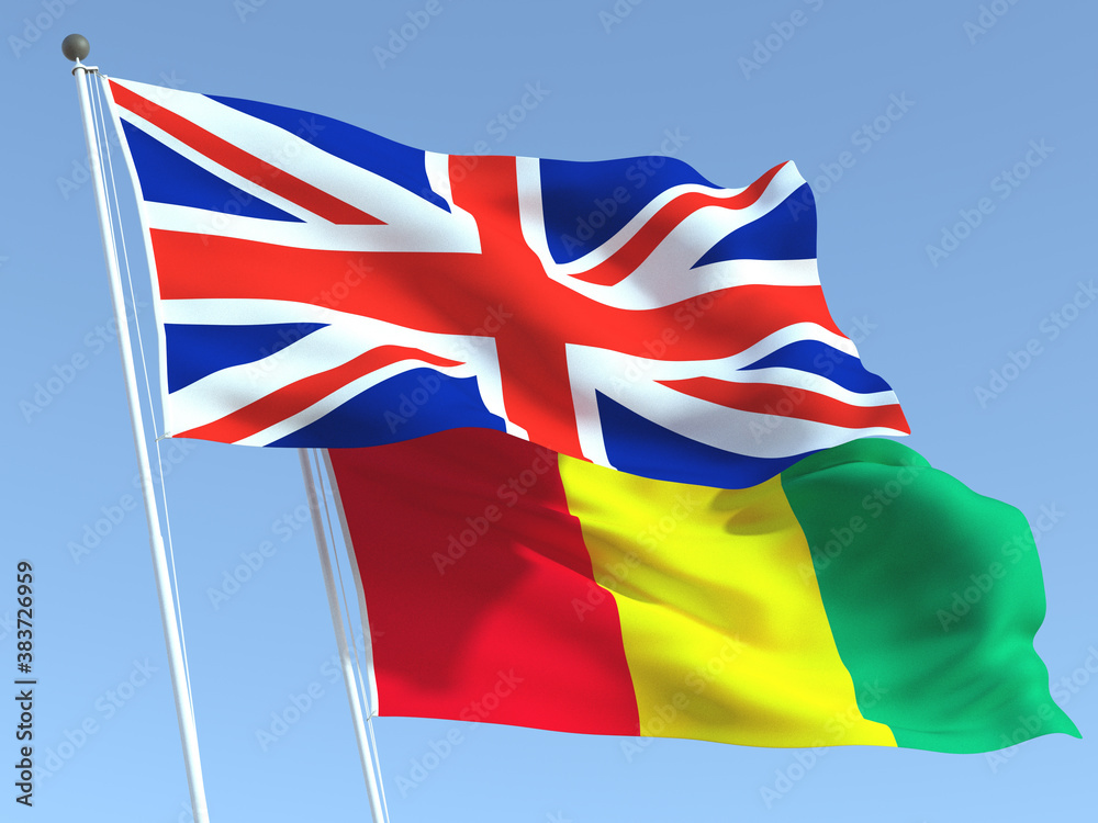 The flags of United Kingdom and Guinea on the blue sky. For news, reportage, business. 3d illustration The flags of United Kingdom and Guinea on the blue sky. For news, reportage, business. 3d illustration