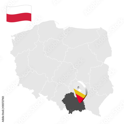 Location of Lesser Poland Province on map Poland. 3d location sign similar to the flag of Lesser Poland. Quality map with provinces of Poland for your design. EPS10. 