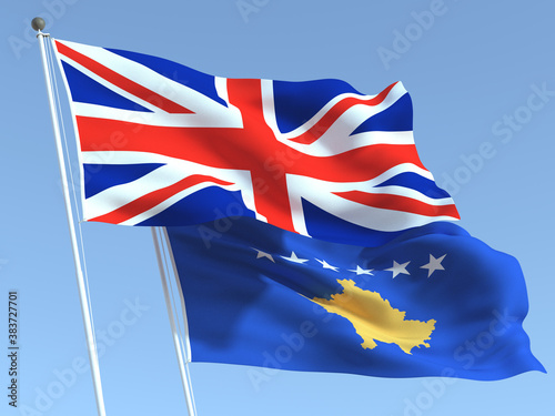 The flags of United Kingdom and Kosovo on the blue sky. For news, reportage, business. 3d illustration photo