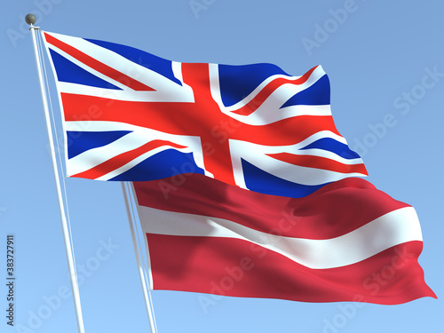 The flags of United Kingdom and Latvia on the blue sky. For news, reportage, business. 3d illustration photo