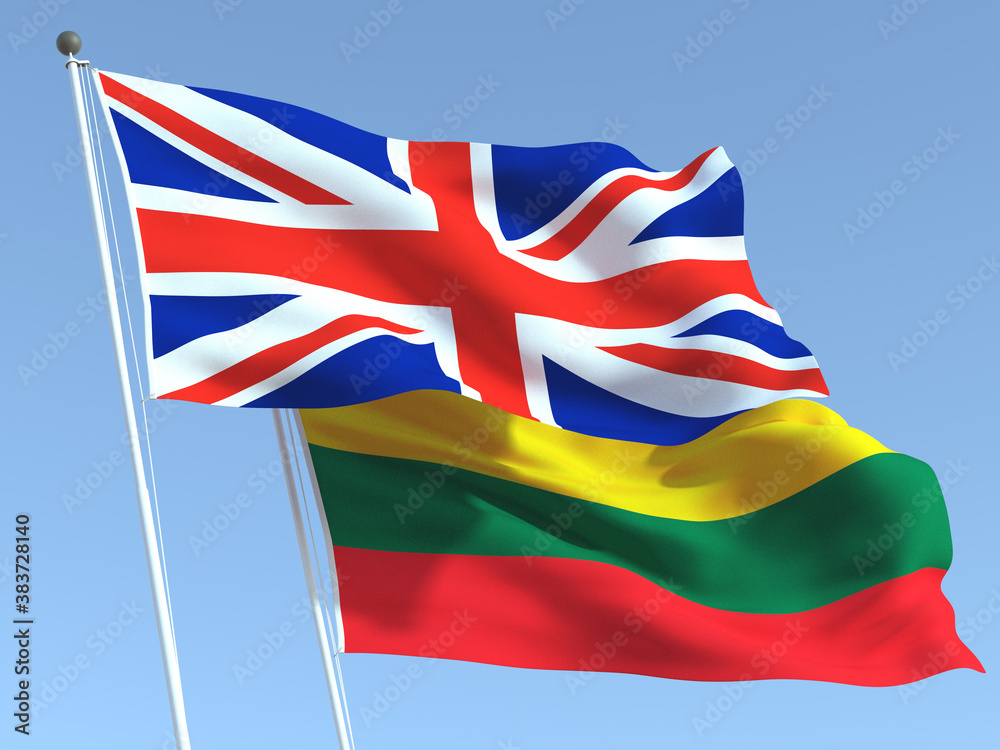 The flags of United Kingdom and Lithuania on the blue sky. For news, reportage, business. 3d illustration The flags of United Kingdom and Lithuania on the blue sky. For news, reportage, business. 3d illustration