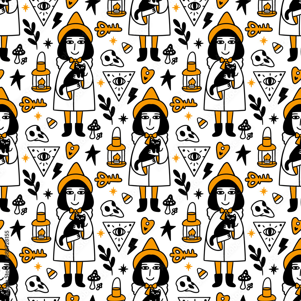 Seamless pattern with Witch, black cat and with Holiday attributes. Beautiful print for Halloween. It can be used for packaging, wrapping paper, textile, home decor etc. Graphic vector illustration. Seamless pattern with Witch, black cat and with Holiday attributes. Beautiful print for Halloween. It can be used for packaging, wrapping paper, textile, home decor etc. Graphic vector illustration.
