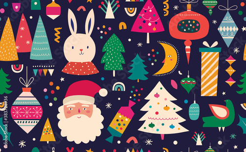 Vintage Christmas vector seamless pattern with Santa Claus, Christmas tree and Christmas toys
