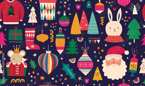 Vintage Christmas vector seamless pattern with Santa Claus, Christmas tree, King Mouse and Christmas toys, gifts and Bear