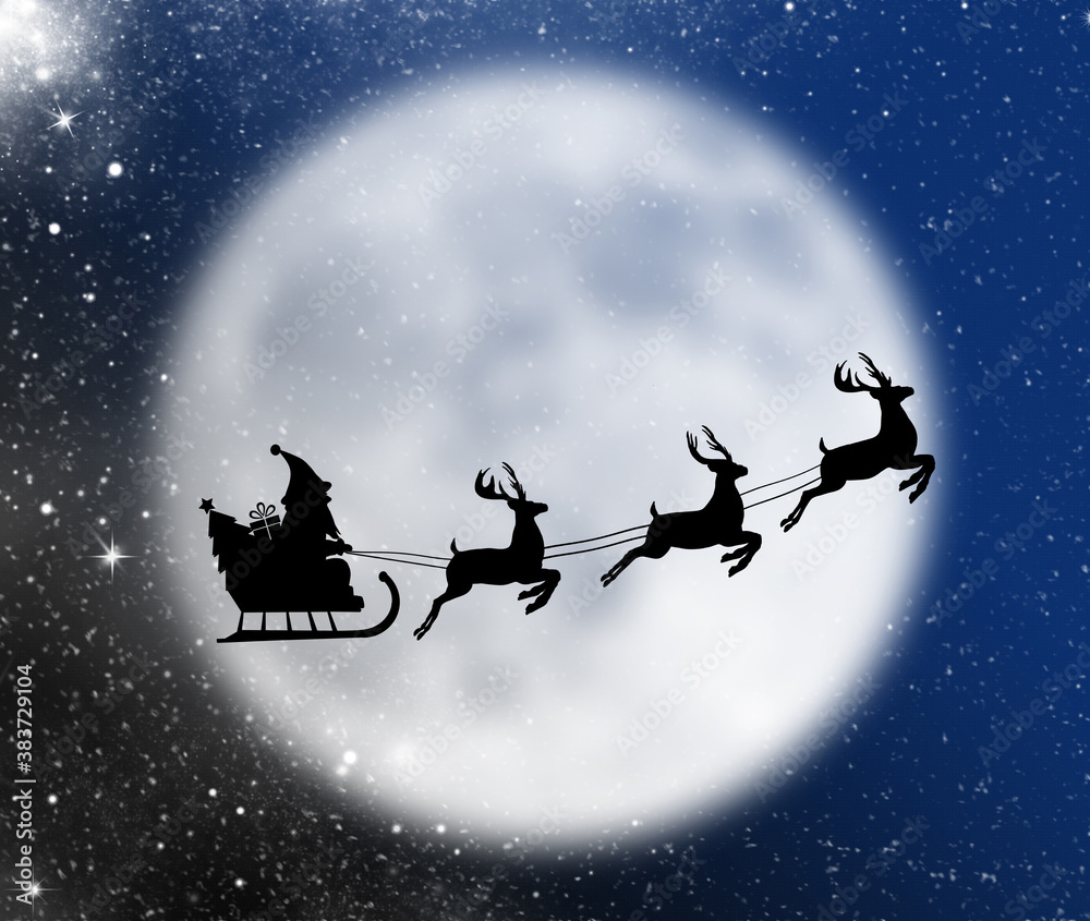 Naklejka premium Christmas card with santa claus, reindeer, sleigh, gift and christmas tree on the background of the big moon in the night moonlight, stars and snow. Illustration.Copy space for text